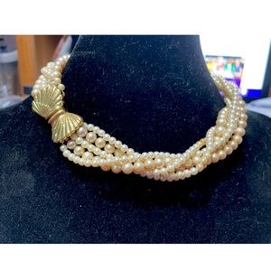 TRIFARi  6 Strand Pearl (4mm to 7mm) Necklace- Rich Goldtone Clasp--16"--Vintage